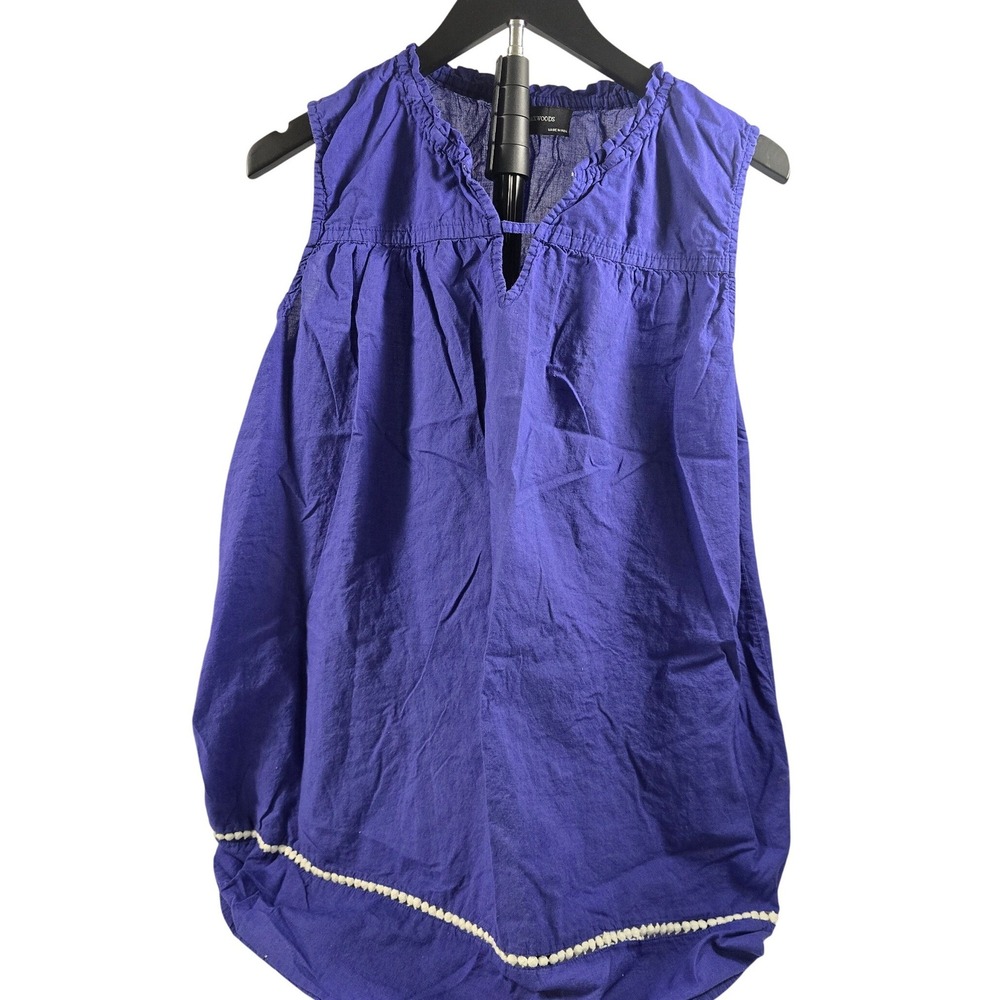 Backwoods Purple Cotton Sleeveless Split Neck Boho Top with‎ Pom Pom Trim Large